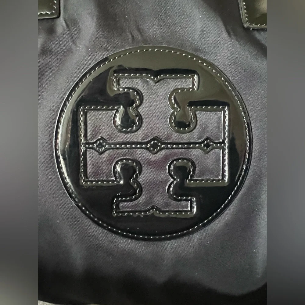 Tory Burch Mini Ella Tote Bag in Black Nylon and Black Patent Leather Trim